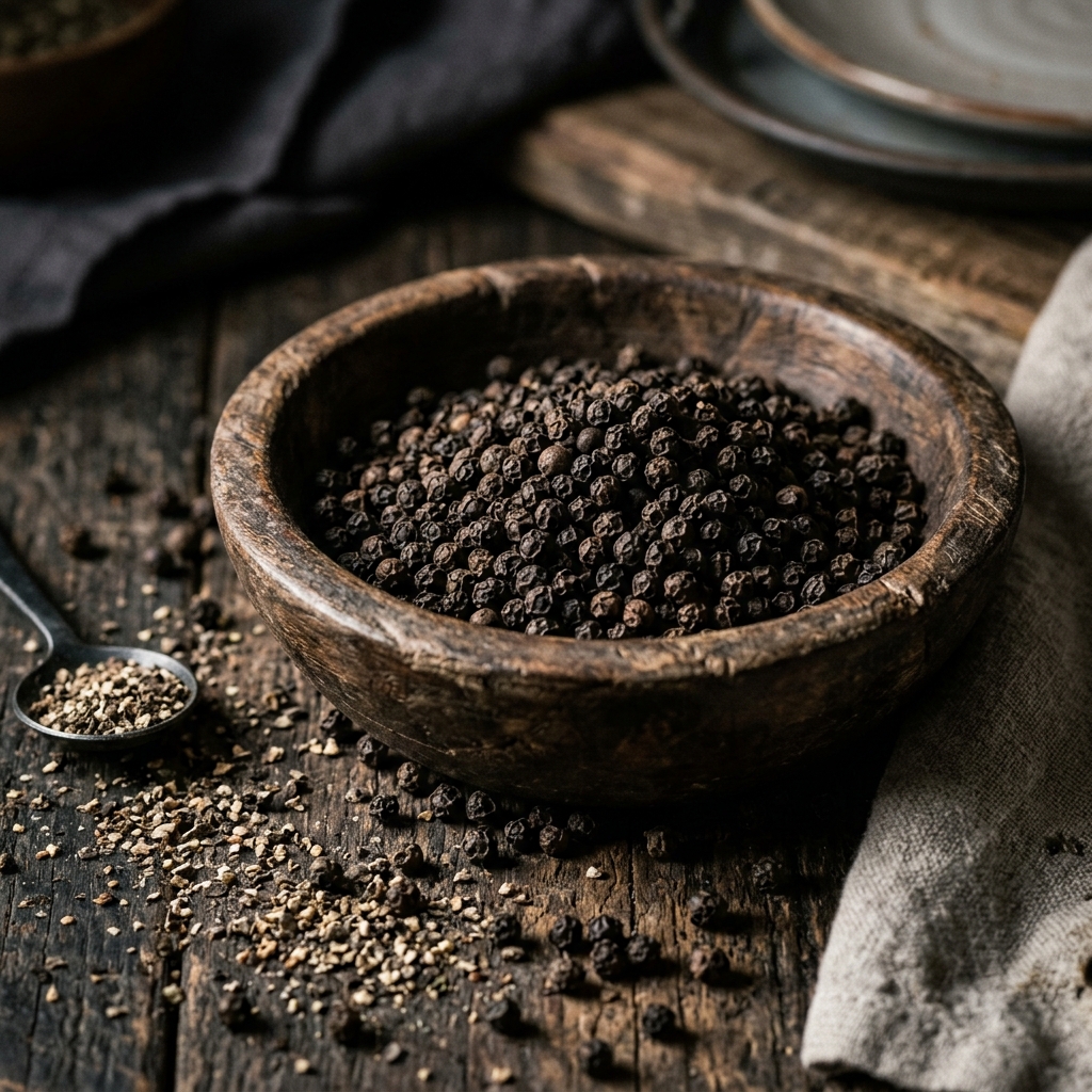 Cracked Ceylon Black Peppercorns in a rustic wooden bowl