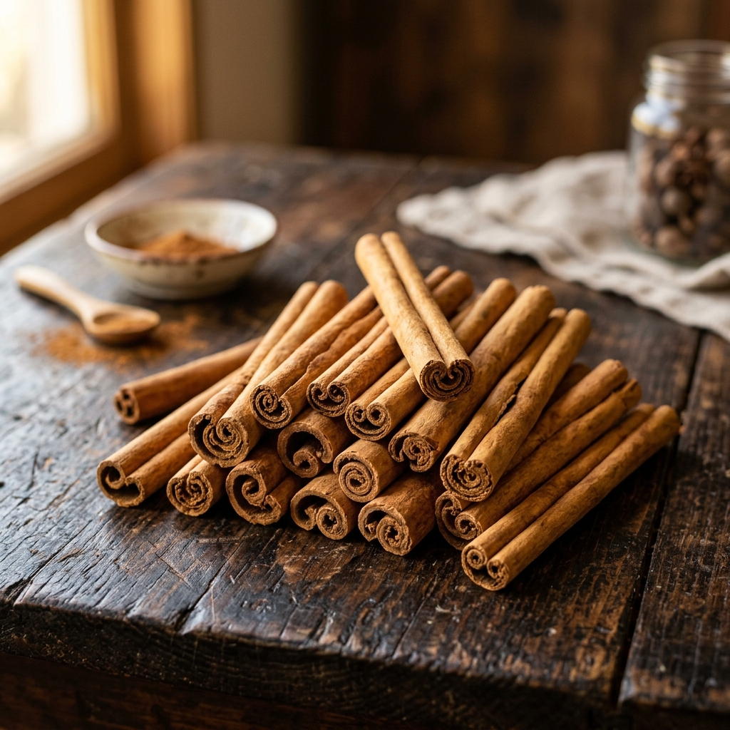 Ceylon Cinnamon quills laid on a rustic wooden table