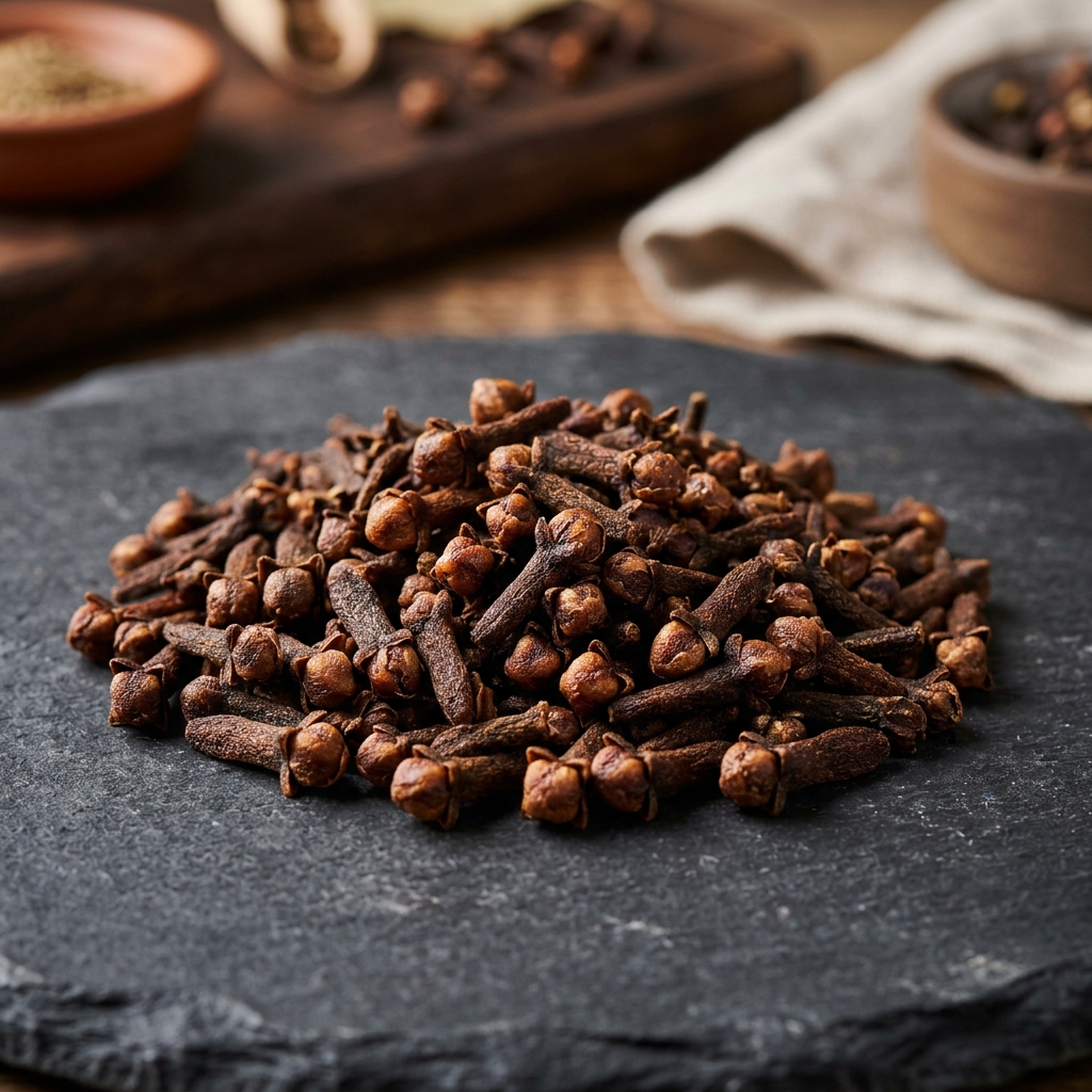 Whole Ceylon Cloves close-up on dark stone