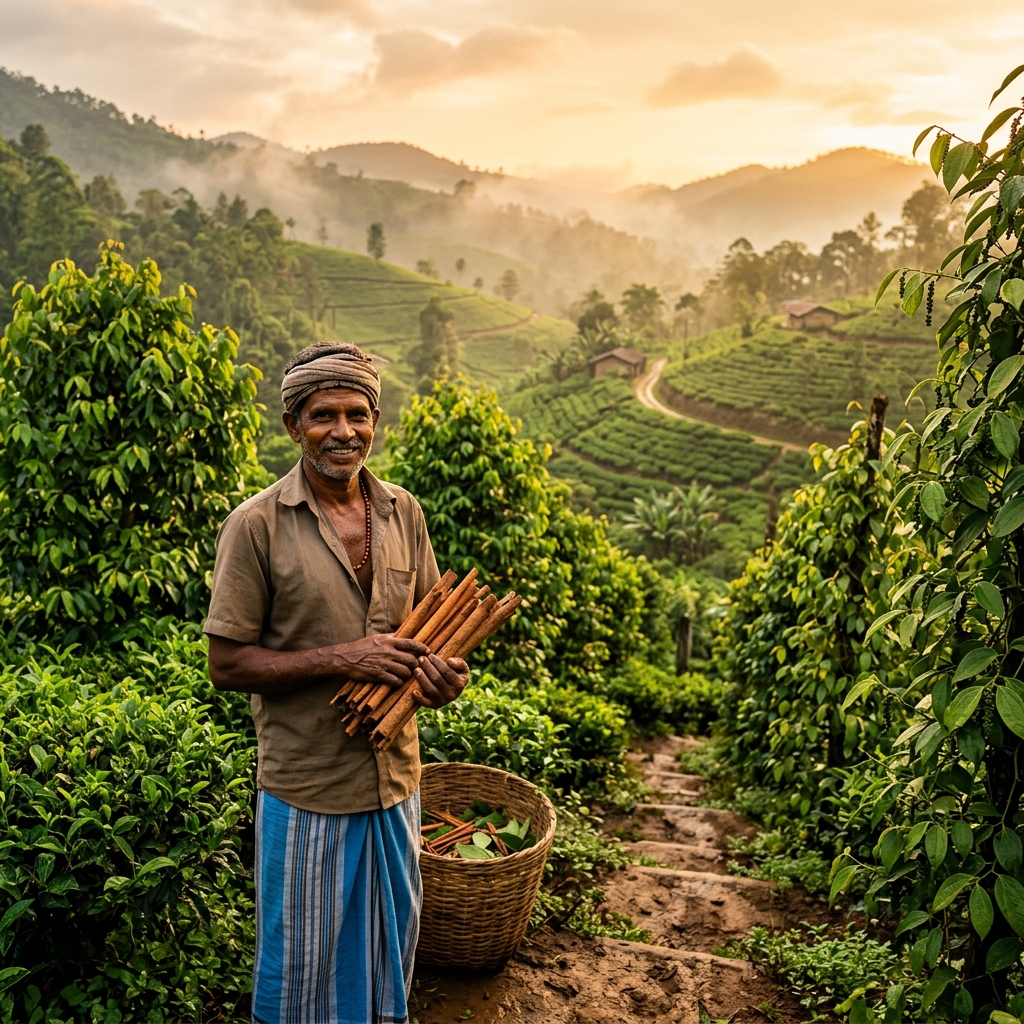Sri Lankan spice plantation farmer holding cinnamon bark